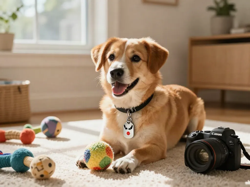 Gepersonaliseerde hondenpenningen op een blije hond in een gezellige woonkamer.