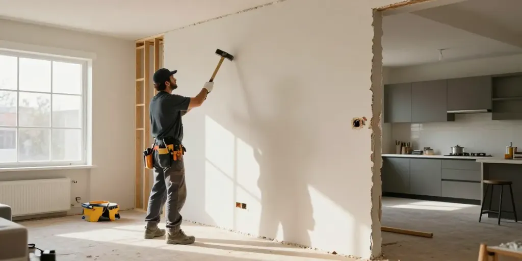 Professionele renovatie van een draagmuur verwijderen met stalen balken in een woonkamer