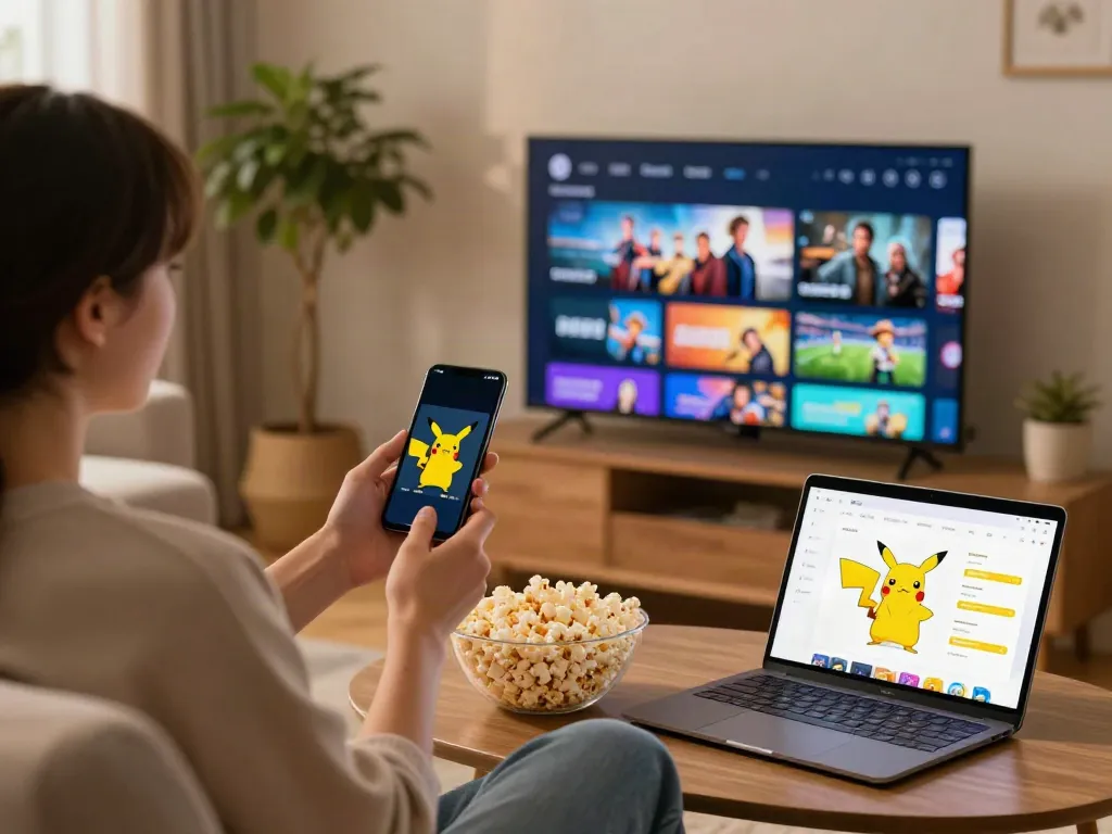 Engaging with the Pikachu App on Android smartphone in a cozy living room.