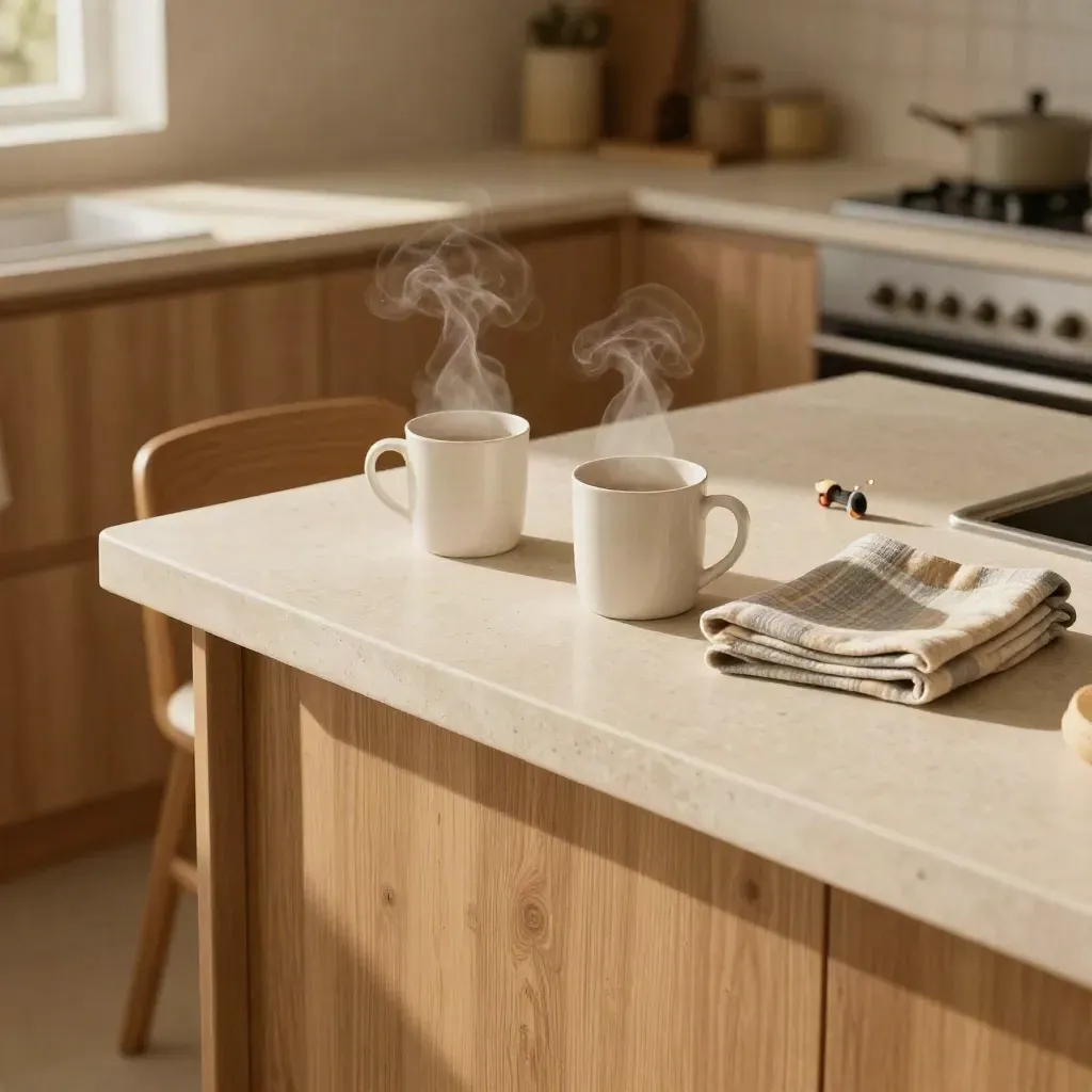 Keuken na het eten met twee witte mokken, kinderplaid, speelgoedfiguurtje en verschoven stoel.
