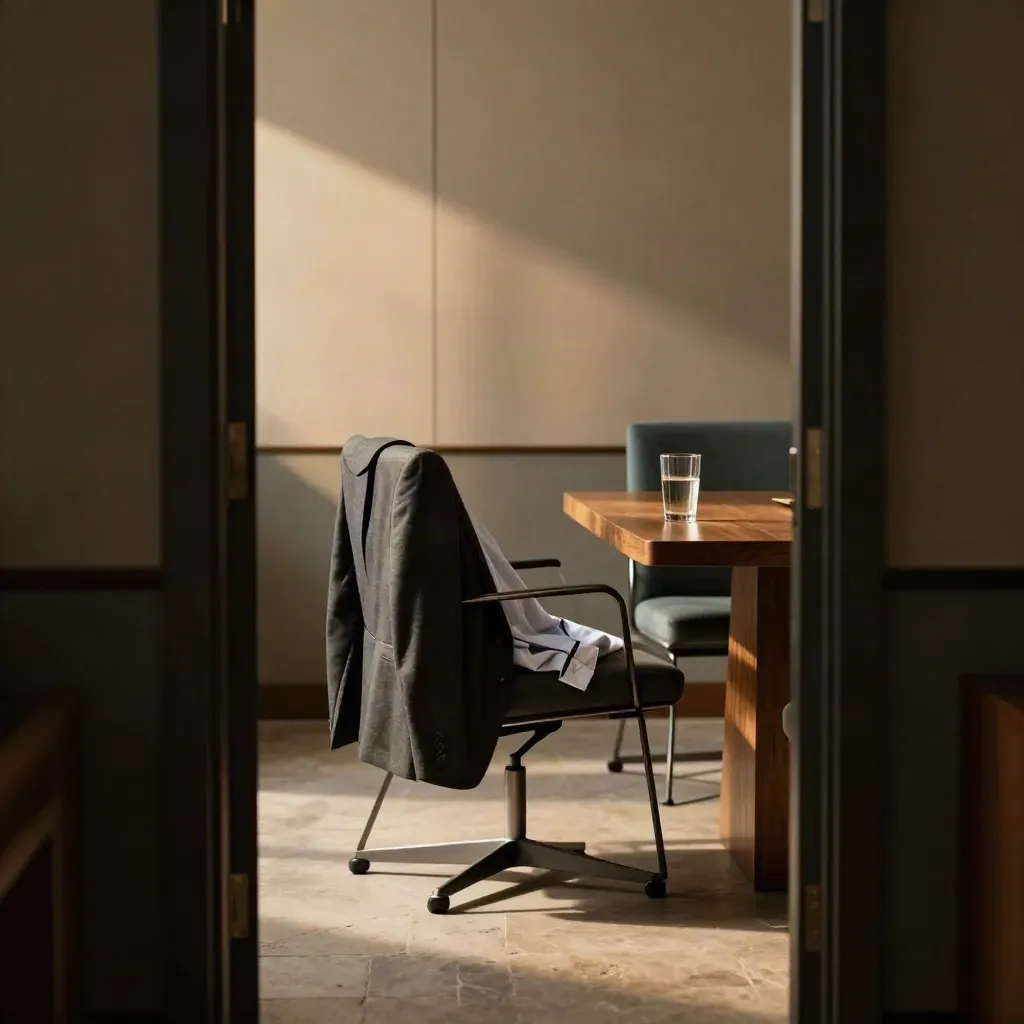 Lege vergaderruimte met colbert, halfvol glas en opgevouwen shirt in dramatisch licht.