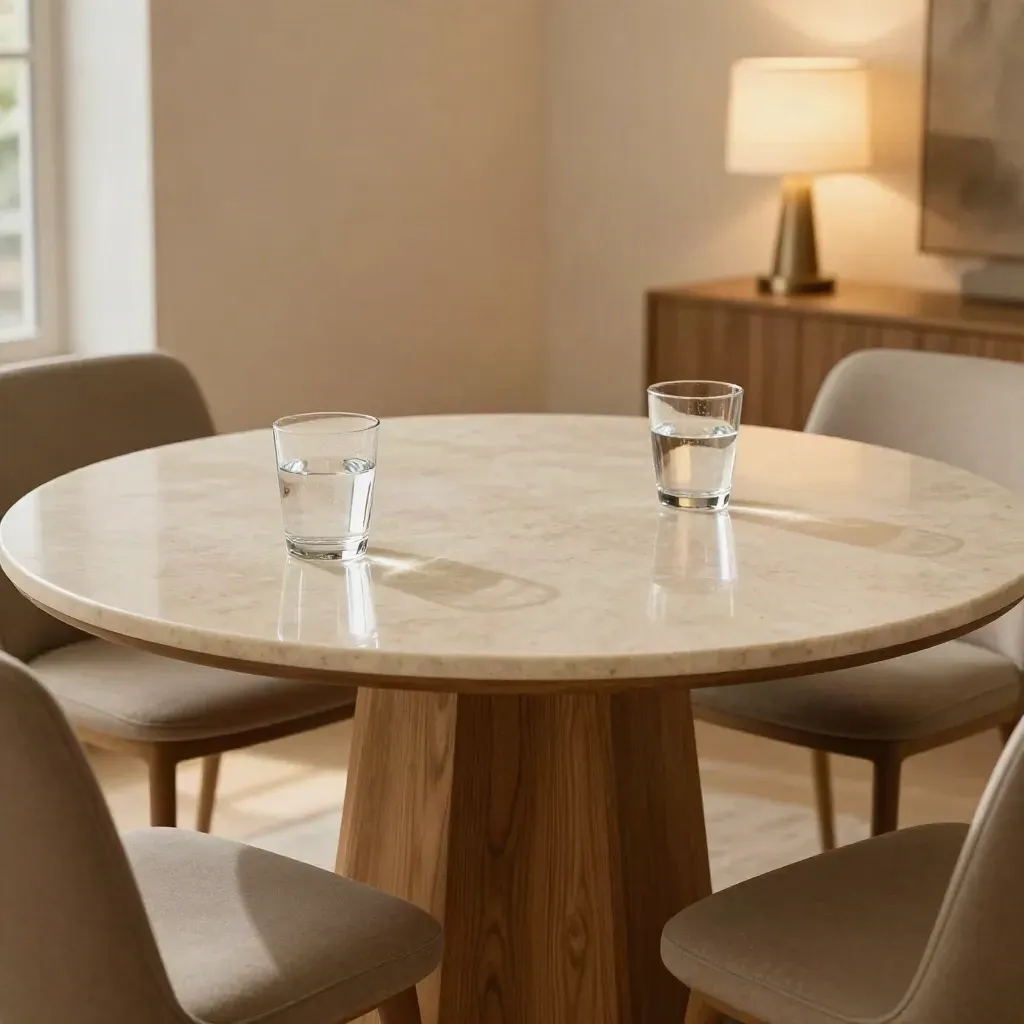 Ronde mediationtafel met twee glazen, een karaf en stoelen in warm raamlicht.