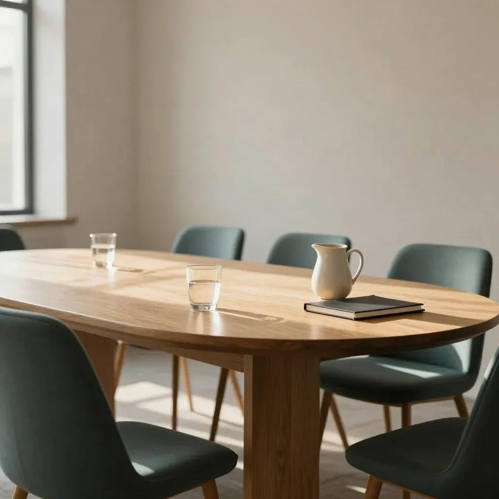 Stille mediatieruimte met ronde tafel, waterglazen en gesloten notitieboek in zacht daglicht.