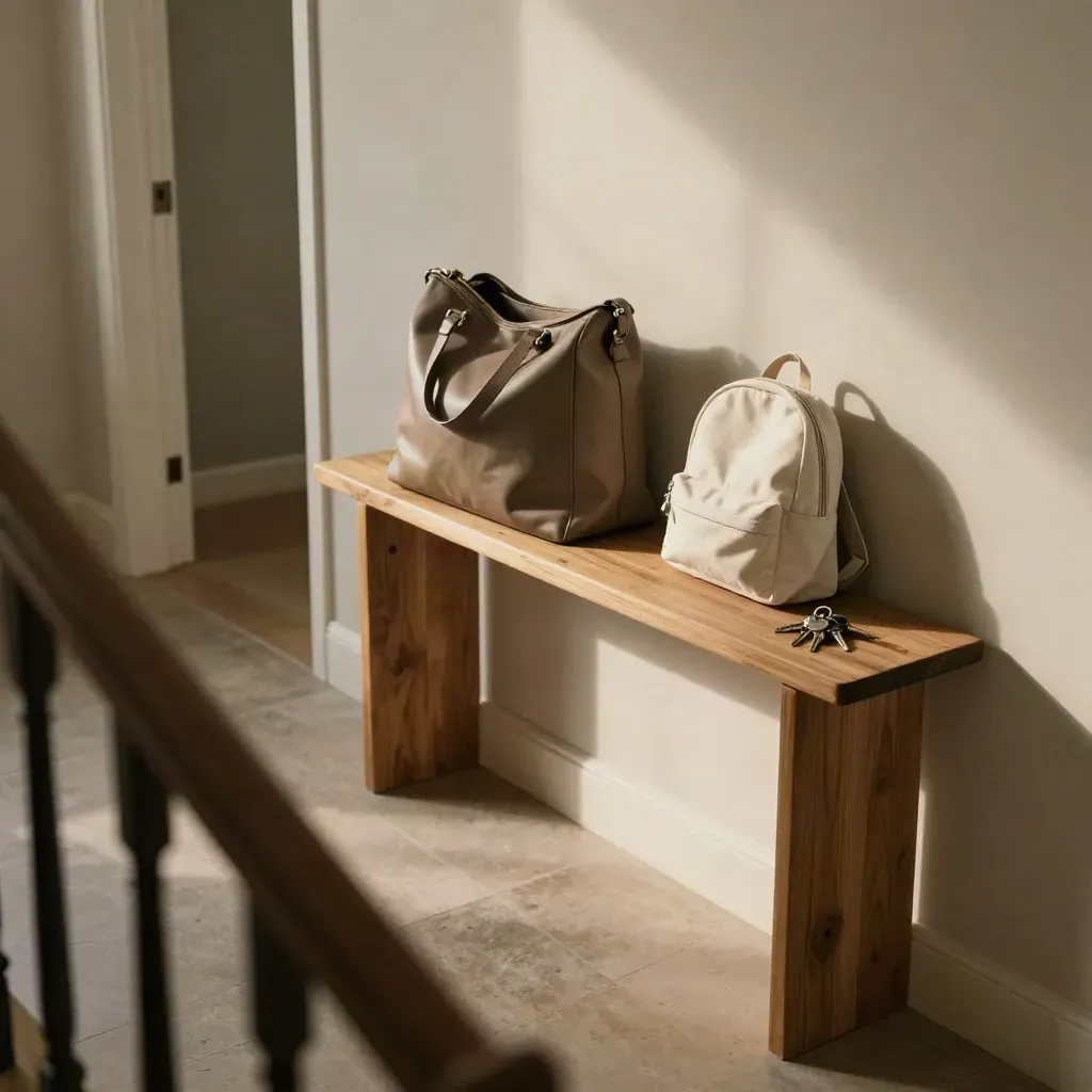 Hal in gezinshuis met weekendtas, kinderrugzak en twee sleutelsets op een console.