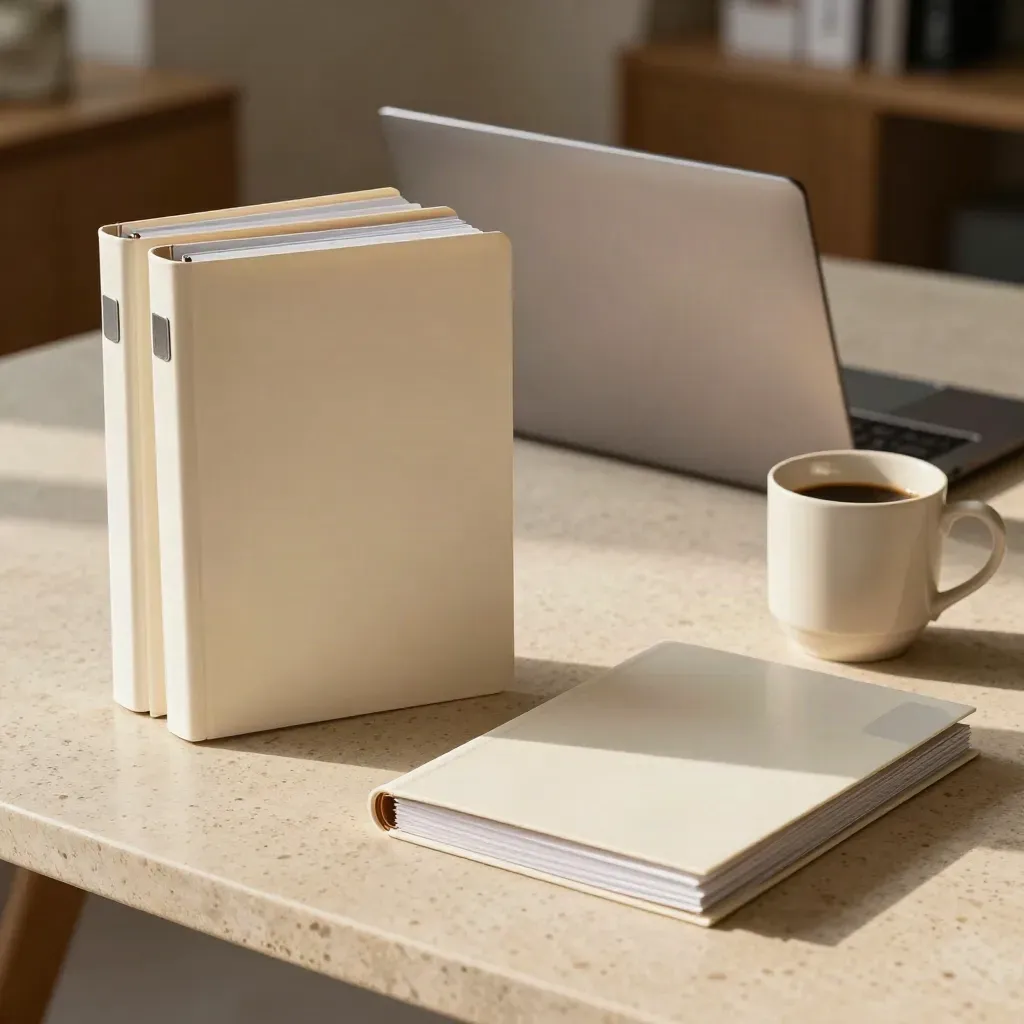 Legale review met mappen, laptop en koffiekop op travertin tafel, warm licht.