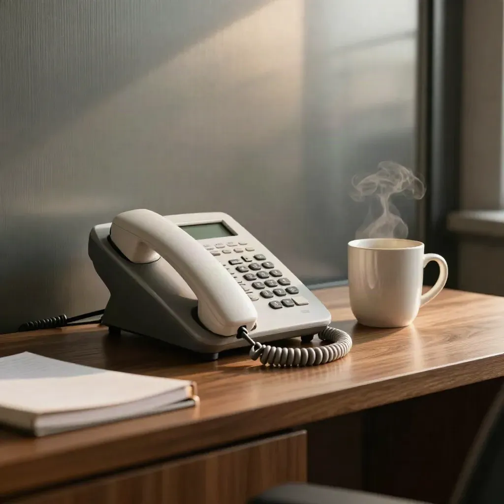 Bureautelefoon met gesloten notitieboek en witte mok in een stille advocatenwerkruimte.
