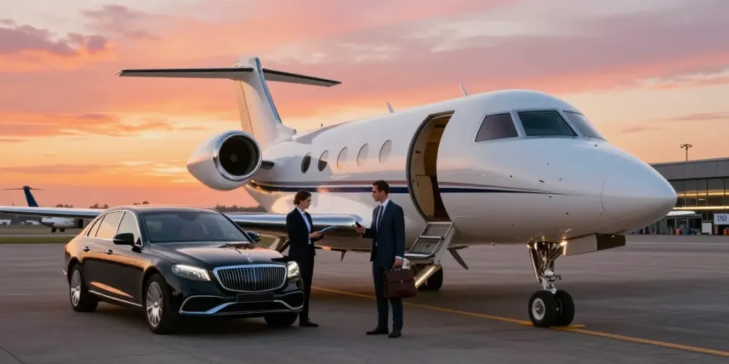 Business traveler in a suit stepping off a private jet rental Amsterdam at sunset with a luxury car waiting nearby.