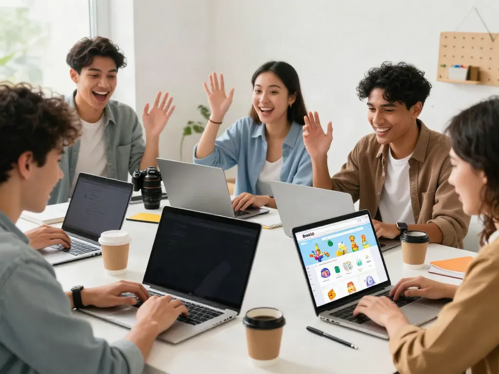 Exciting rokok88 online shopping experience with diverse shoppers engaged around laptops and smartphones
