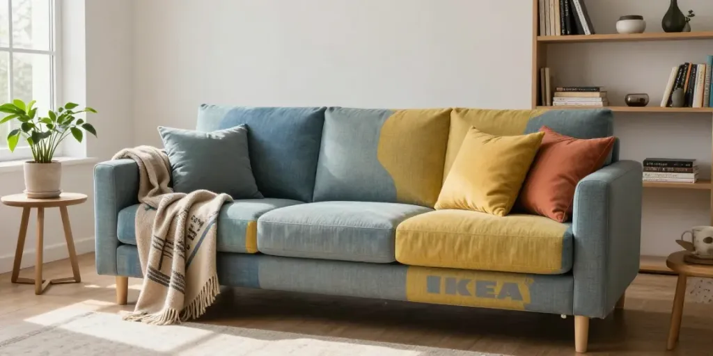Custom IKEA sofa cover from https://soferia.nl/ in a stylish living room filled with natural light.