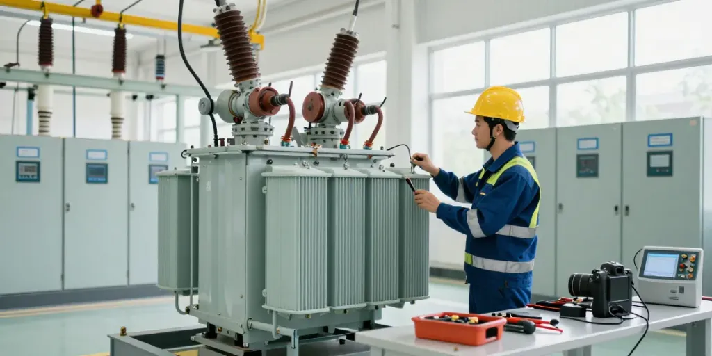 Technicus inspecteert een medium voltage transformer in een moderne energiecentrale.