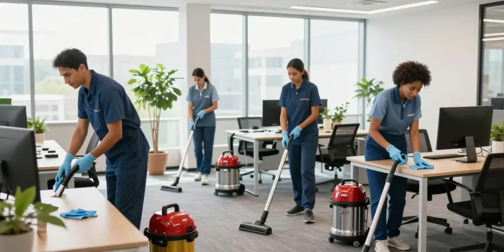 Schoonmaakbedrijf Amsterdam team bezig met professionele schoonmaak in een moderne kantooromgeving